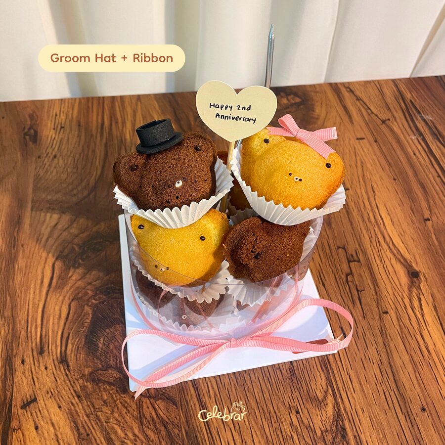 Teddy Stack with groom hat and ribbon