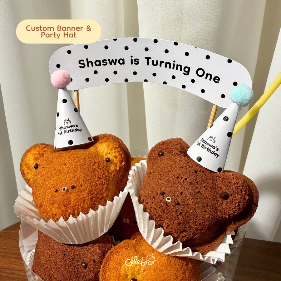 Teddy Stack with custom banner and party hat